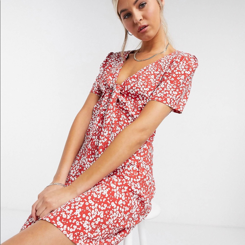 Tie Front Red Floral Dress
